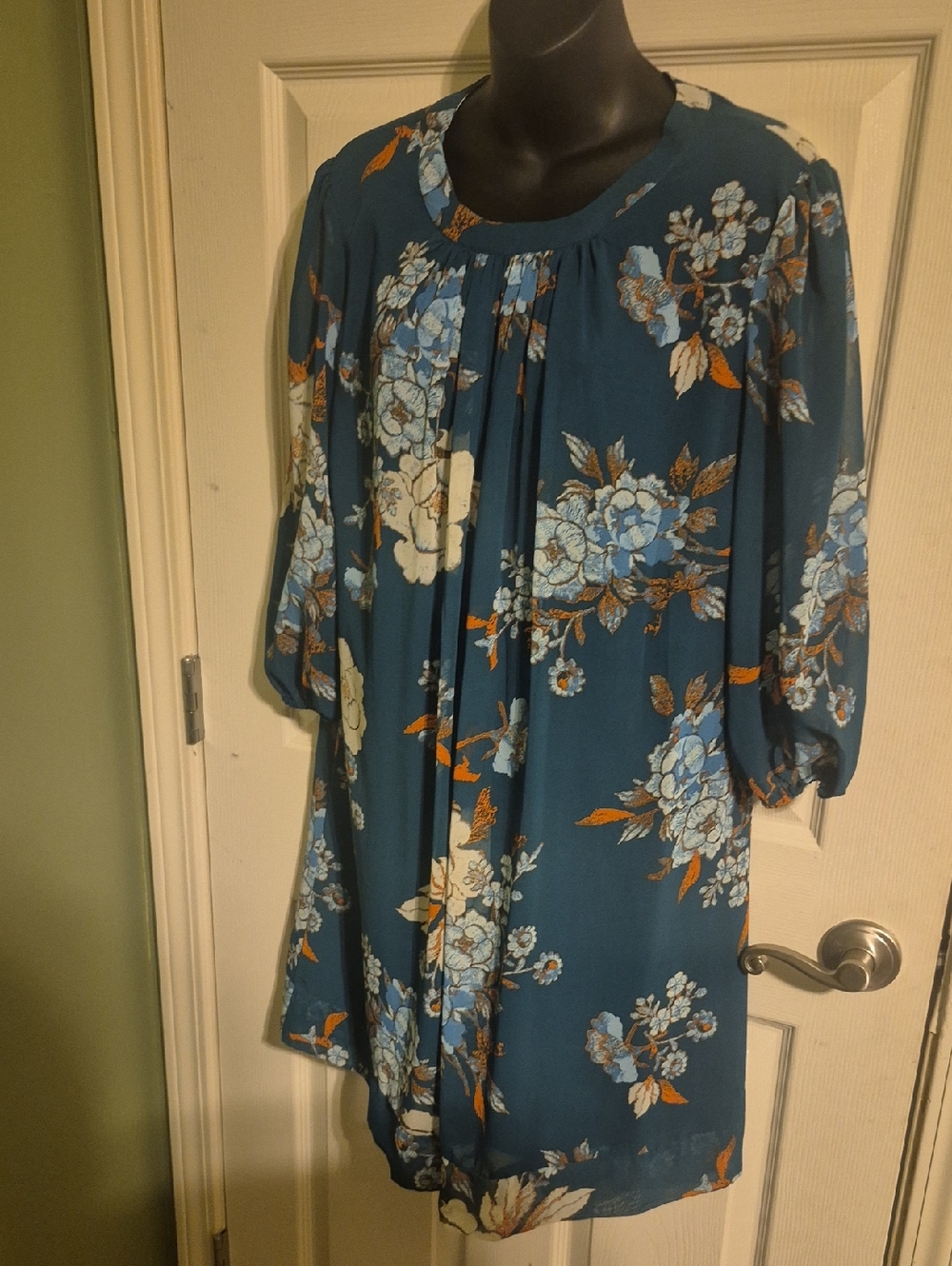 eva mendes for New York & Company Teal Floral Long Sleeve Dress